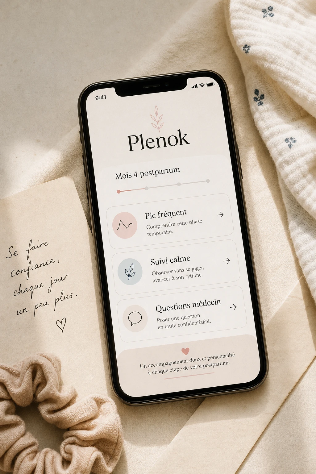 Mockup éditorial de l’interface Plenok montrant le mois postpartum, le pic fréquent, le suivi calme et les questions médecin.