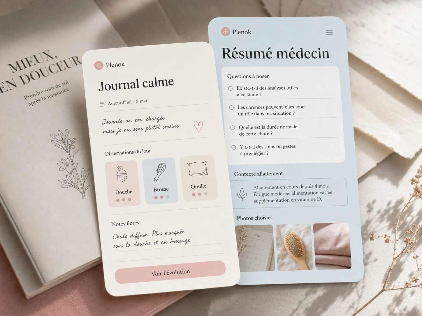 Mockup du journal calme Plenok avec les tags douche, brosse et oreiller.